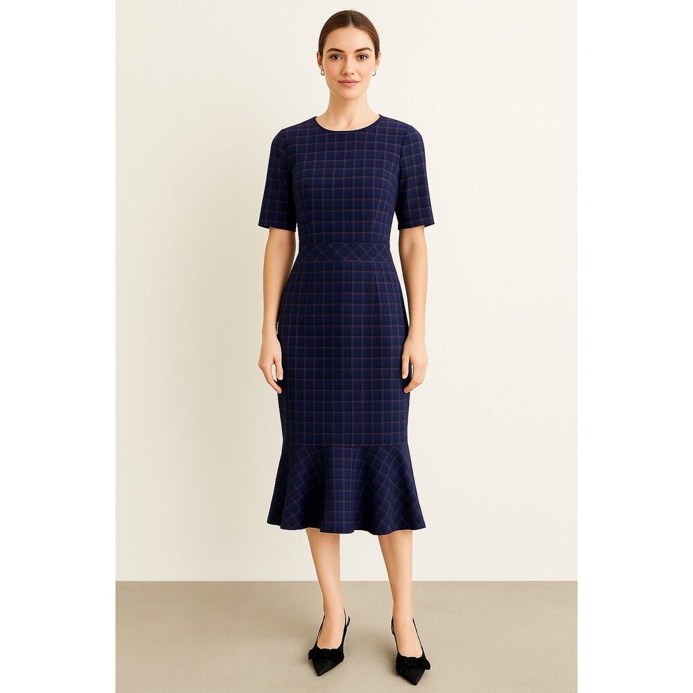 Banana Republic Navy Plaid Midi Dress with Flounce Hem